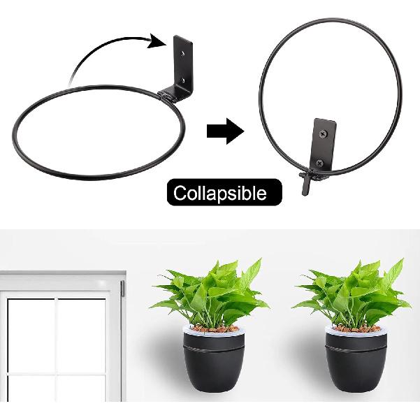 Flower Plant Pot Holder Ring, 2Pcs 8Inch Black Wall Planter Hook Hanging Stand Mounted Hangers Collapsible Bracket for Balcony Home Garden Yard