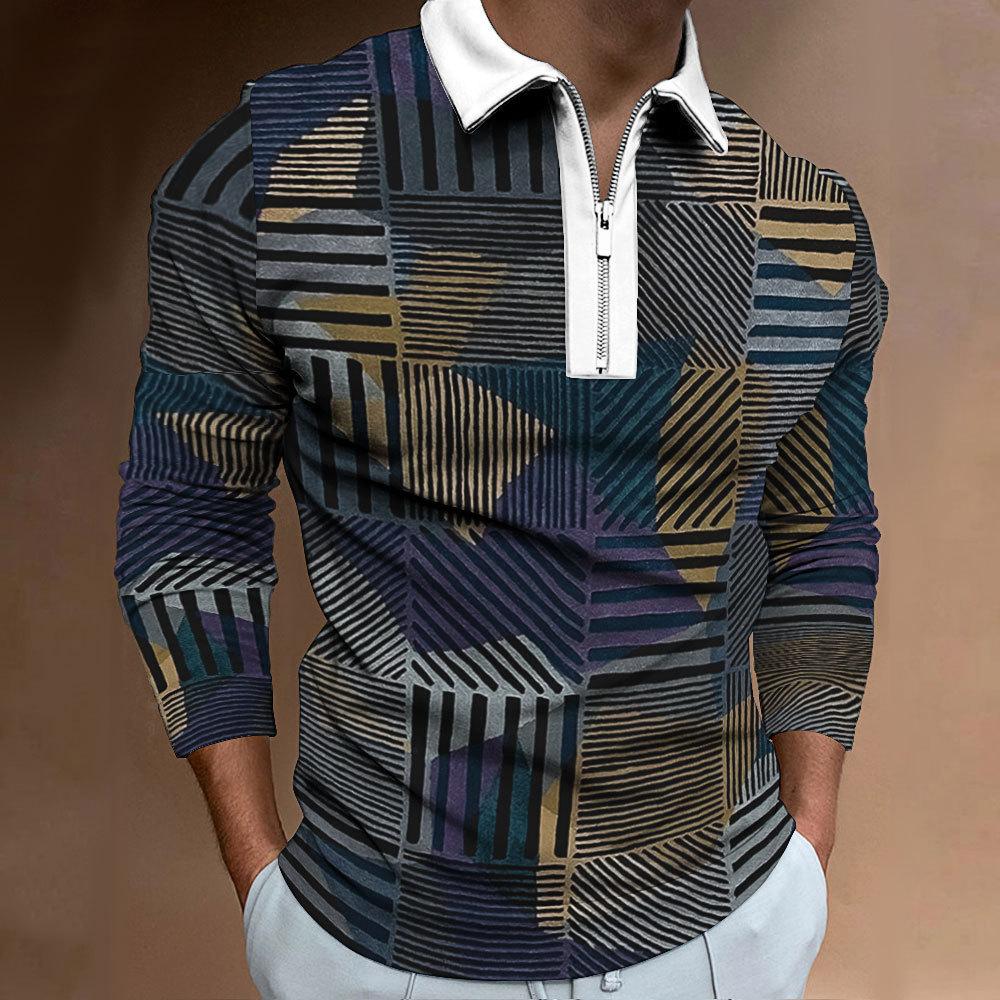 Men's Zip Casual Sweatshirt Slim Men's Plaid Digital Print Long Sleeve Polo Top