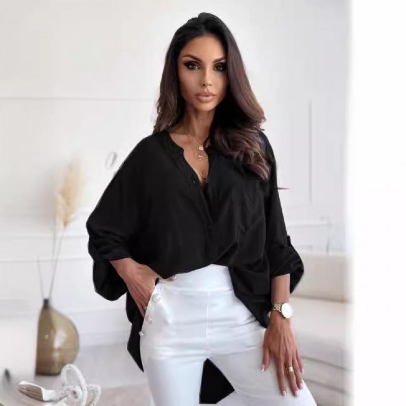 Women's Simple Loose Half-open Collar Single-breasted Long-sleeve Solid Color Shirt