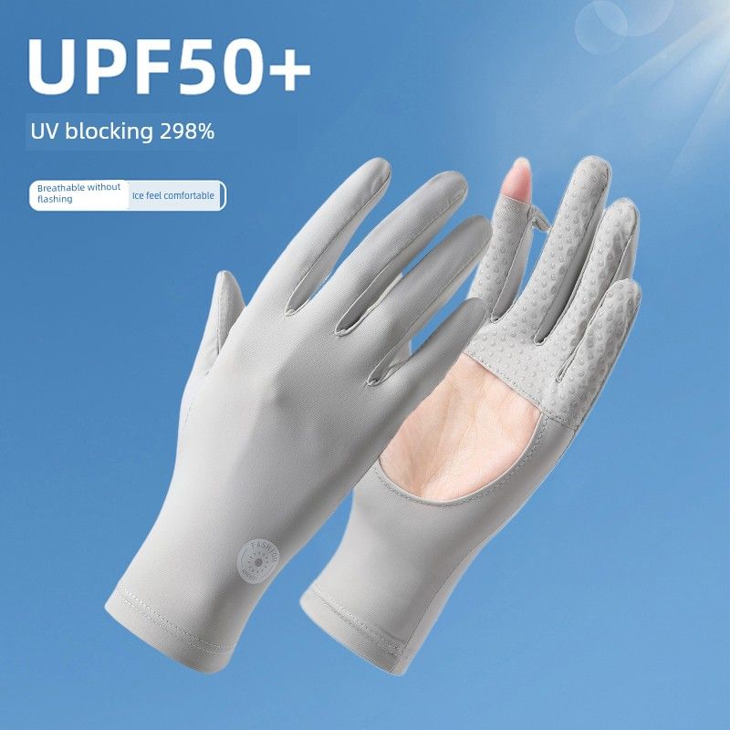 

UPF50 + Sun Protection Gloves Women Summer UV Protection Empty Palm Riding Electric Car Driving Hollow Thin Ice Silk Light gray All yards