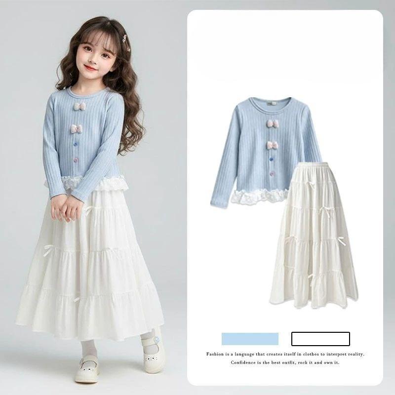 Girls' Sweet Set - Spring/Autumn Children's Fashion Long-Sleeved Top and Half-Dress Set