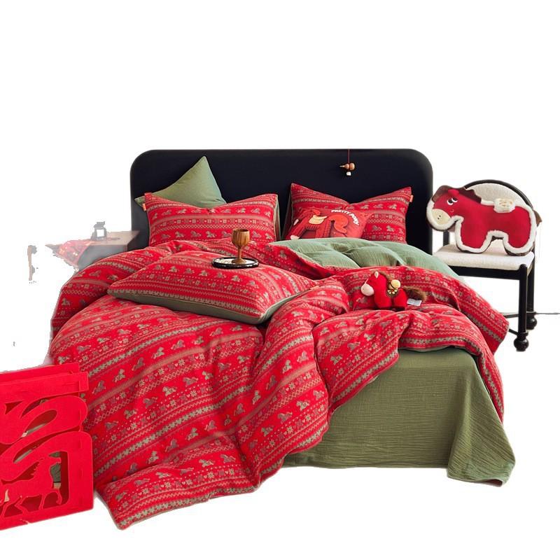 High-Quality Cotton Woven Jacquard Bedding Set Red Horse 4-Piece