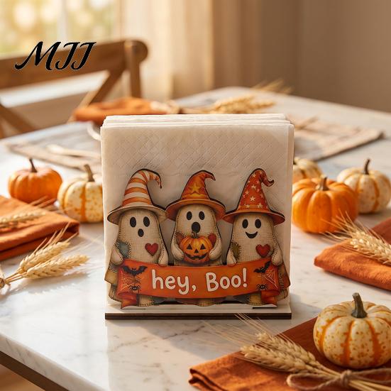 Rustic Kitchen Storage Halloween Wooden Napkin Holder, Ghost Black Cat Decorative Tabletop Tissue Countertop Organizer Dispenser, Paper Towel