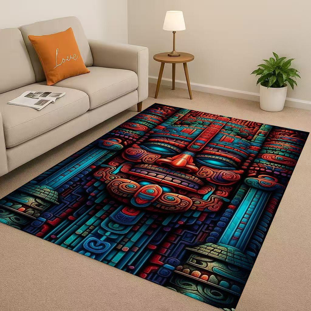 3D Ancient Aztec Totem Maya Mask Sun God Living Room Non-Slip Area Rug Soft Carpet for Bedroom Sofa , Easy Clean Home Doormat