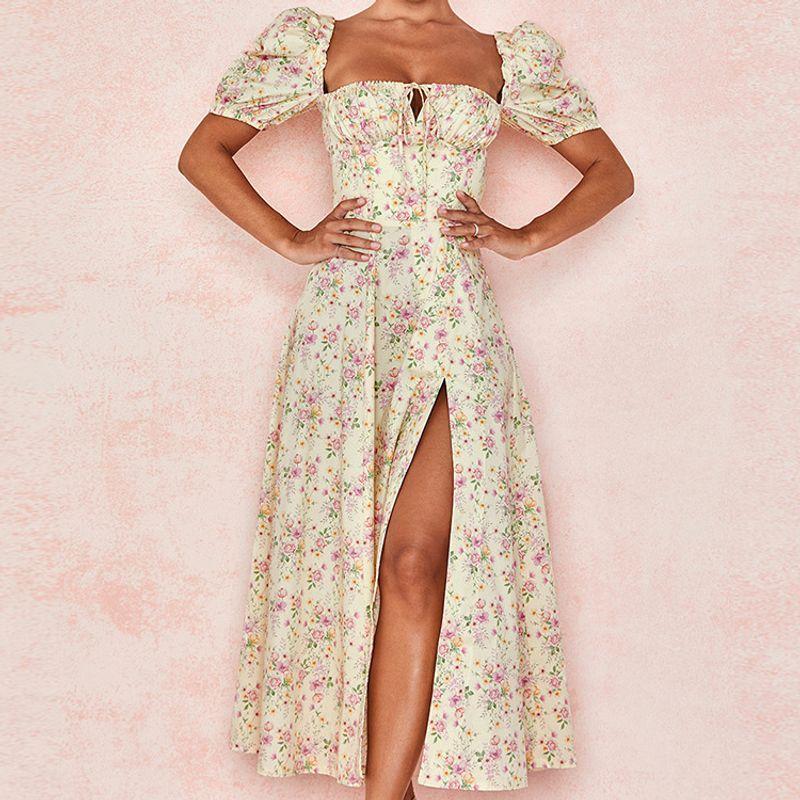 Fashion Wind Young Sexy Square Collar Lace Up Small Floral Print Silm Puff Sleeves Elegant High Slit Dress Female
