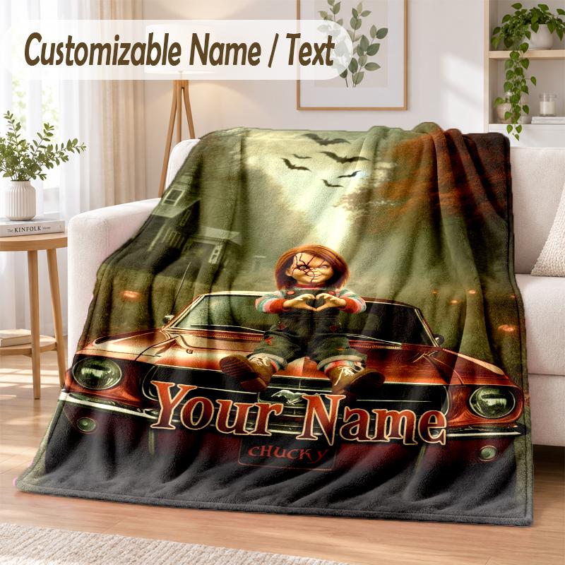 Child's Play Chucky Tiffany Custom Name Flannel Throw Blanket Soft Warm for Sofa Bed Indoor Home Use