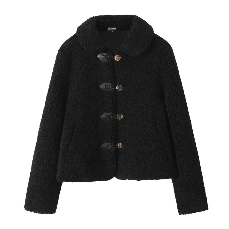 

Европейское и американское осеннее ретро женское флисовое короткое пальто-жакет с карманами Medium чёрный