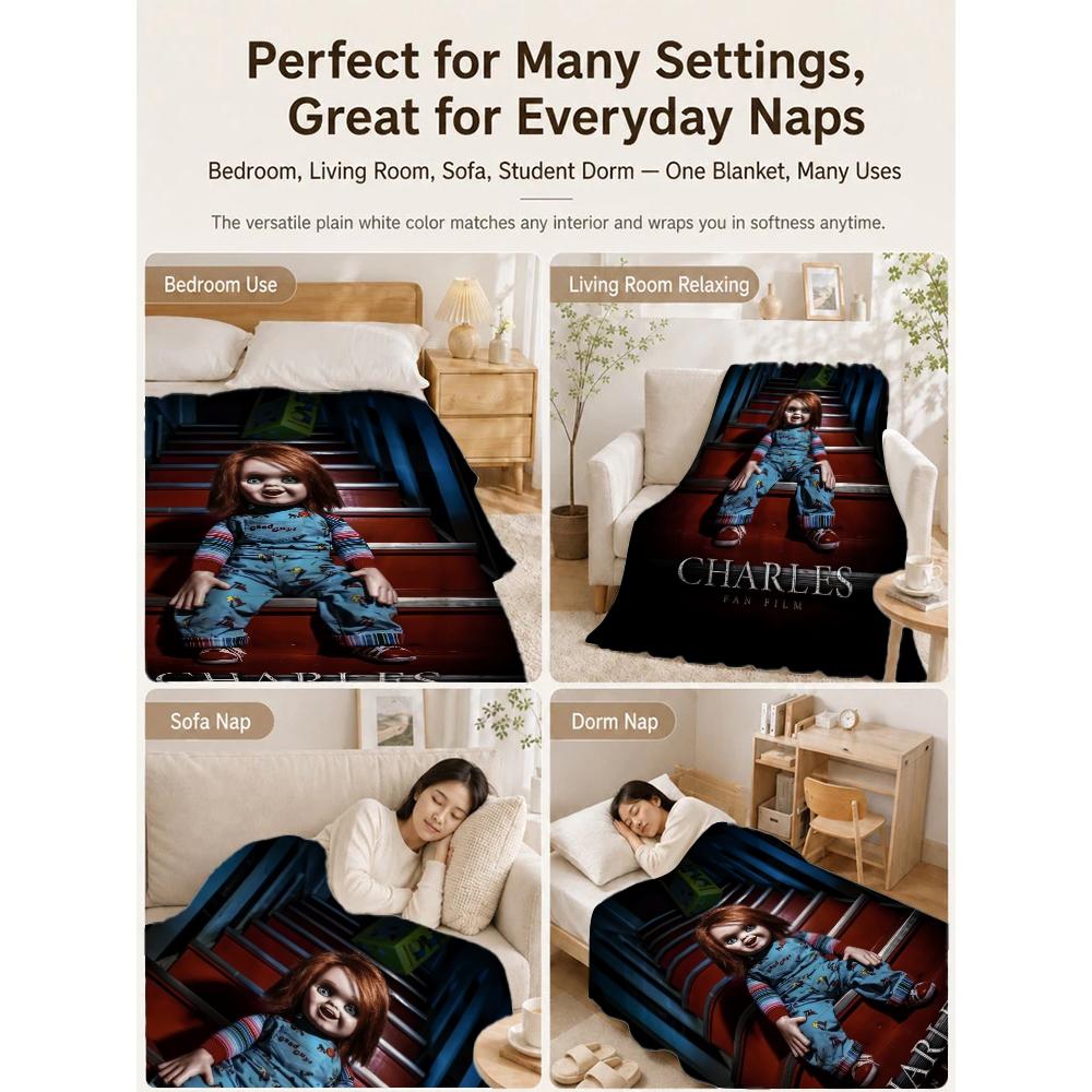 Good Guys Classic Horror Doll Pattern Theme Flannel Blanket Warm Comfortable Fleece Blanket For Office Sofa Party Decor Halloween Gift