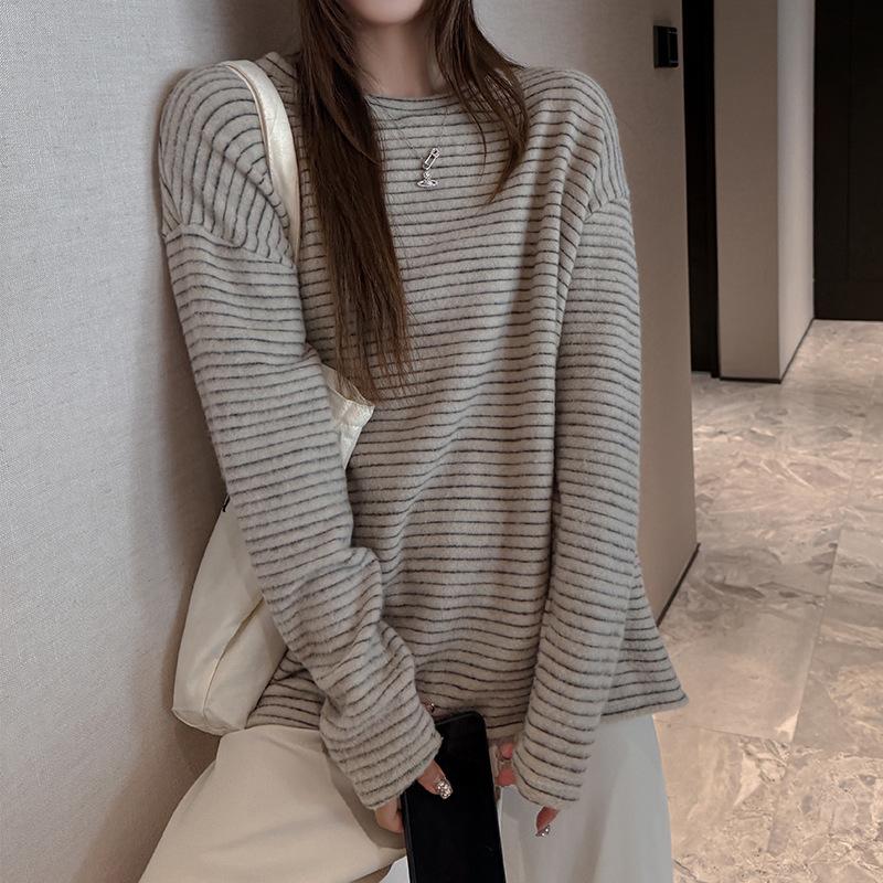 Korean Lazy Style Thick Brushed Striped Long Sleeve T Shirt Women Autumn Loose Casual Top