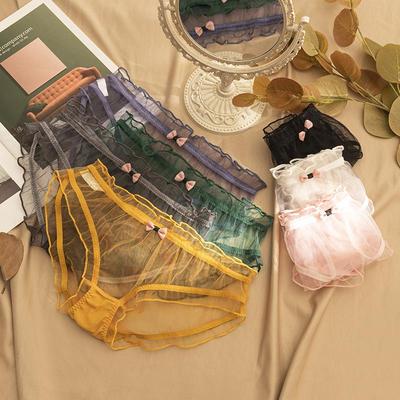 Sheer Mesh Ruffle Trim Low-Waist Panties with Elastic Waistband