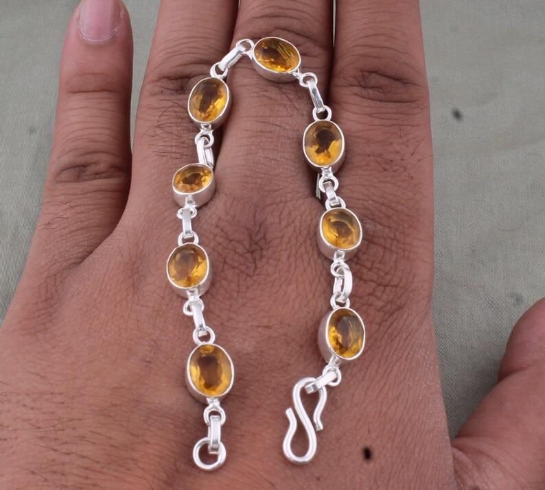 

Solid 925 Sterling Silver Citrine Gemstone Handmade boho Designer Bracelet Tennis Bracelet Charm Jewelry Gift For Her 7.5 inch