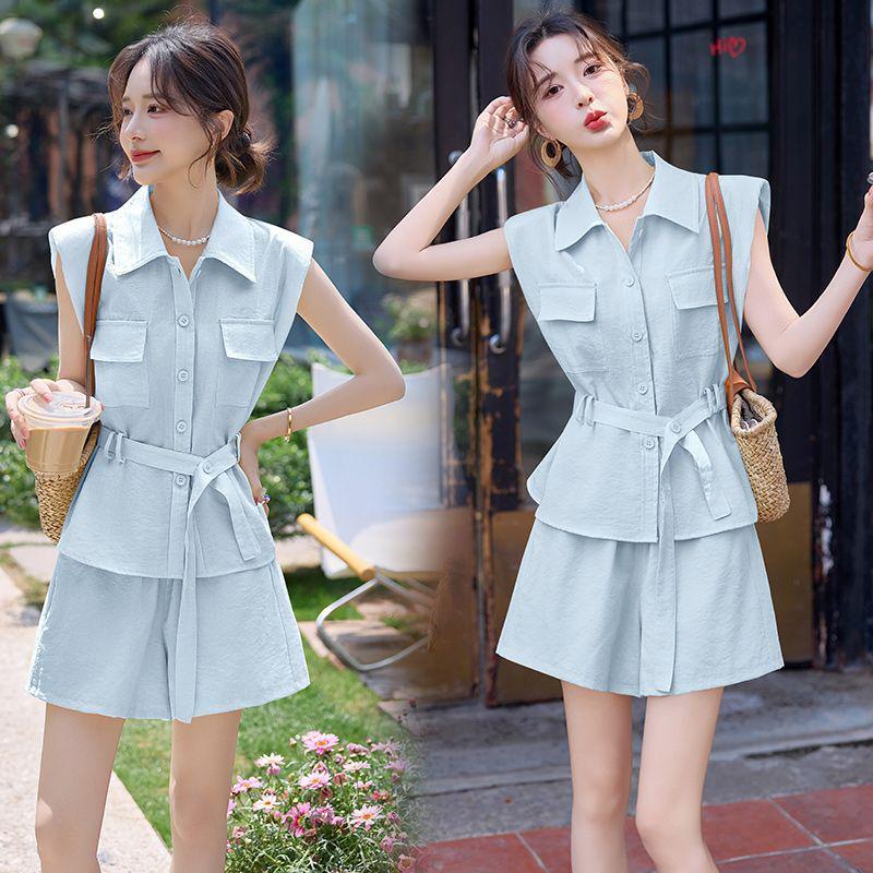

Women s Chic Sleeveless Jumpsuit Set - Summer Lace-up Waist Shorts, Age-Reducing Two-Piece 3XL (suggested 136-150 jin)