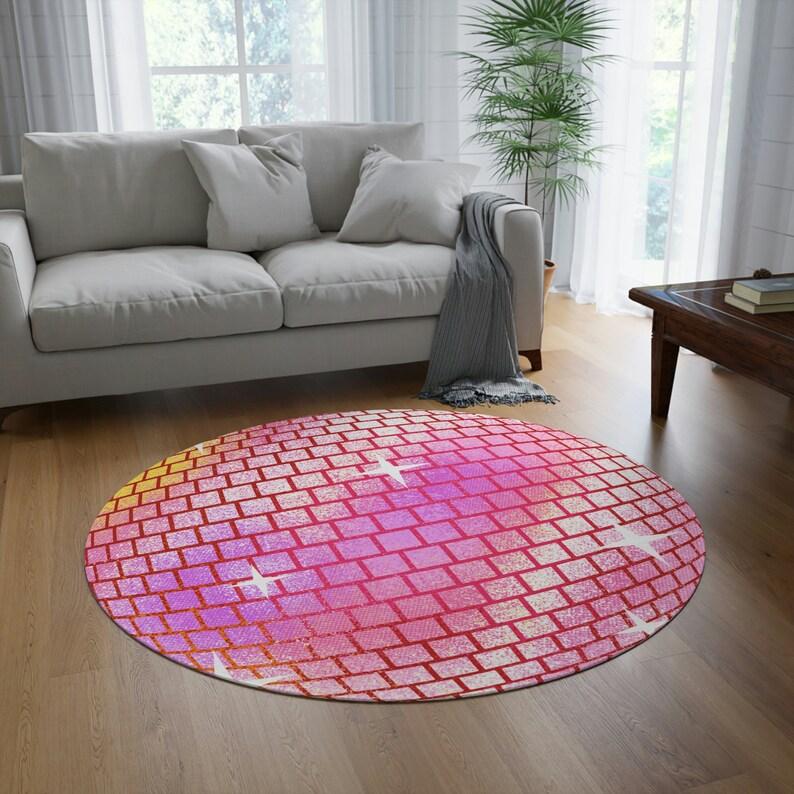 Retro Disco Ball Round Rug Colorful 70s Style Mirror Ball Print Non Slip Mat Groovy Aesthetic Rainbow Disco Ball Design Carpet 80cm x 80cm
