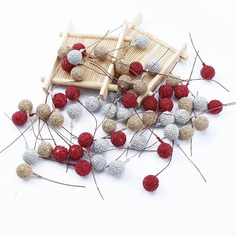 50/100Pcs Artificial Fruit Foam Stamen Cherry Gold Silver Flowers DIY Christmas Craft Decor Box Wedding Home Room Party Supplies