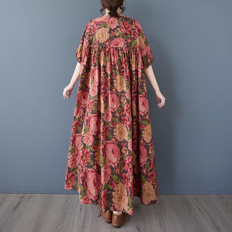 DIMANAF 2025 Summer Women Plus Size Vintage Long Dress Short Sleeve Casual Basic Floral Printing Loose Dress