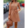 Women's Spring Summer Casual Sleeveless Mini Dress, Button Front Tie Waist Solid Color Woven A-Line Dress for Daily Wear