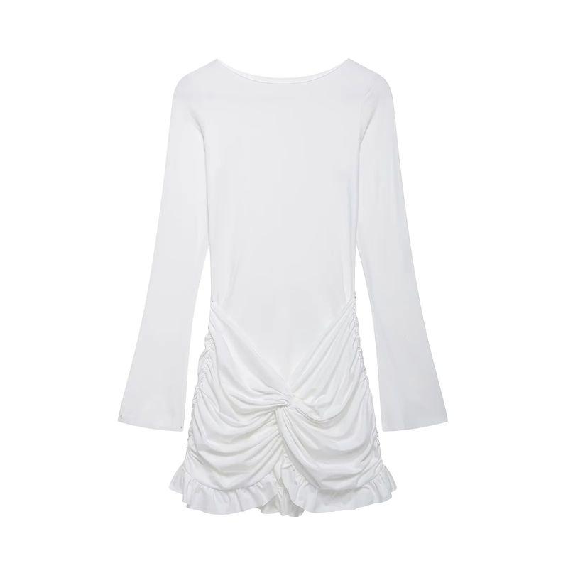 

Spring New Women s Clothing Minimalist Style Ruched Decoration Casual round Neck Long Sleeve Narrow Slim Fit Short Dress White L