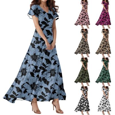 Lässiges Damenkleid mit V-Ausschnitt, kurzen Ärmeln und hoher Taille, Retro-Blumenblatt-Print
