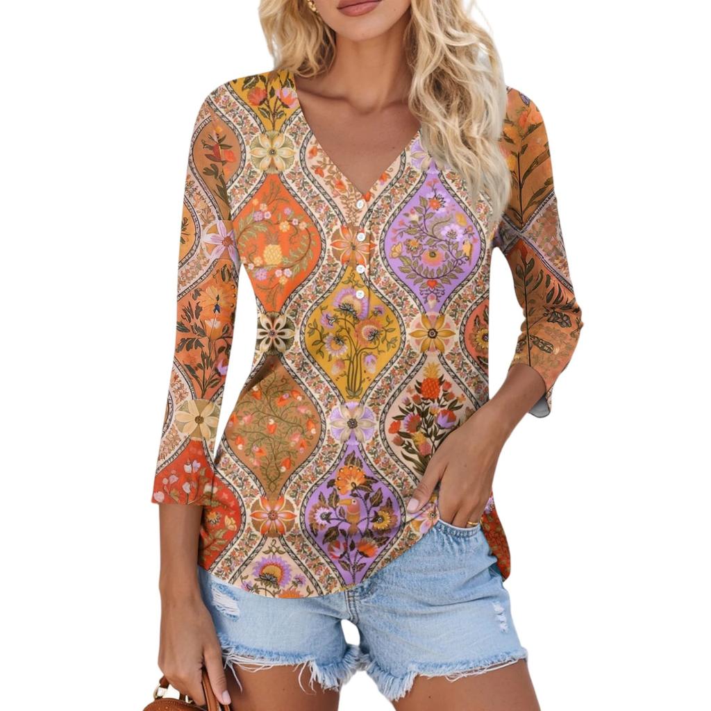 Damen Lässig Mode Sexy Bequem V-Ausschnitt Knopf Floral Dreiviertelarm Oberteil