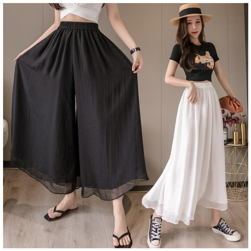 Women's Double-Layer Chiffon Wide-Leg Pants - Summer 2025, Elastic Waist, Casual, Slimming Nine-Point Length