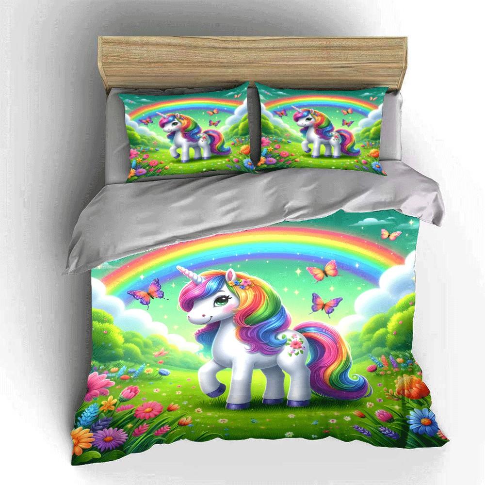 Cute Cartoon Unicorn Rainbow Print Bedding Set For Adults And Children, Available In Multiple Sizes, Three-Piece Gift Set
