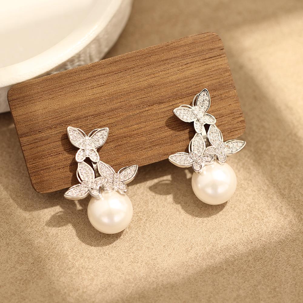 High-end Wedding Dress, Wedding Earrings, Diamond-encrusted, Exquisite Butterfly Pearl Earrings, Temperament, Versatile Earrings, Ear Clips, Women