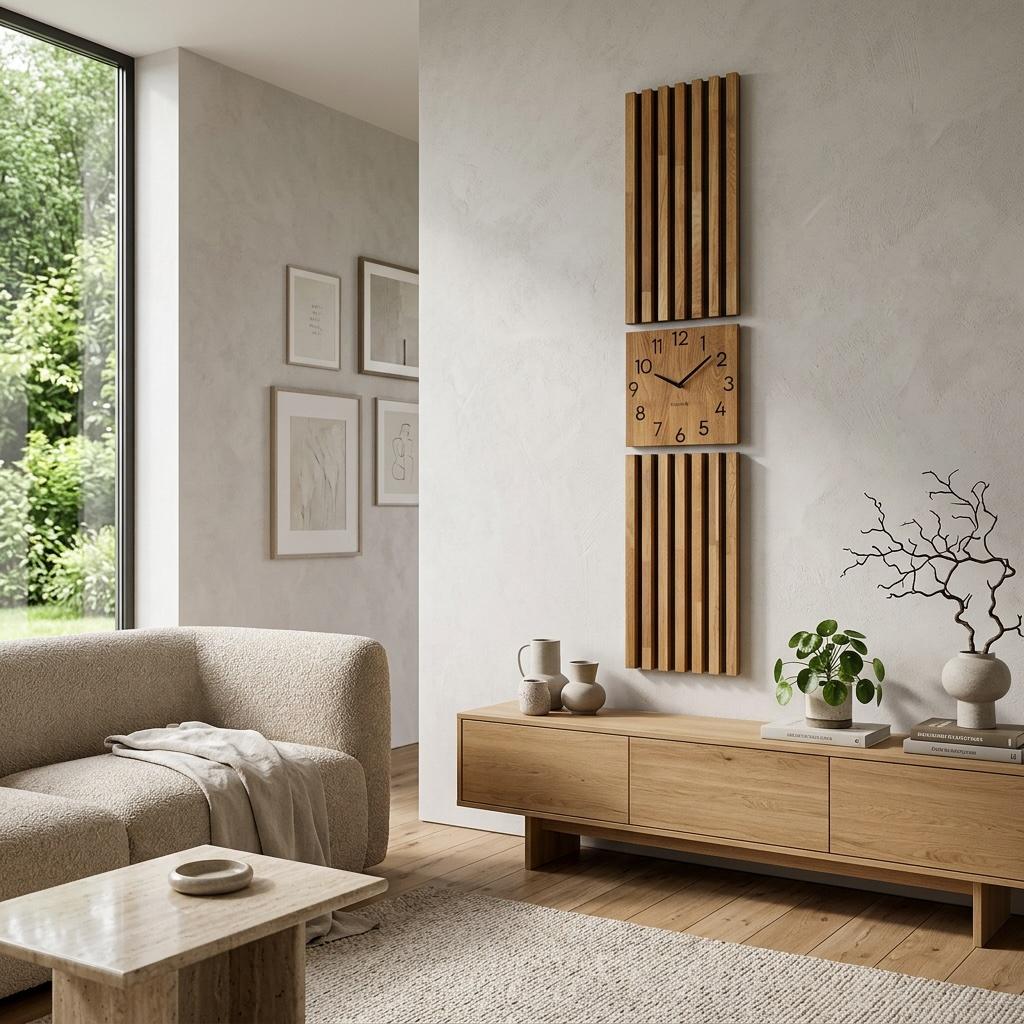 Oak panel clock in slats 155x30cm