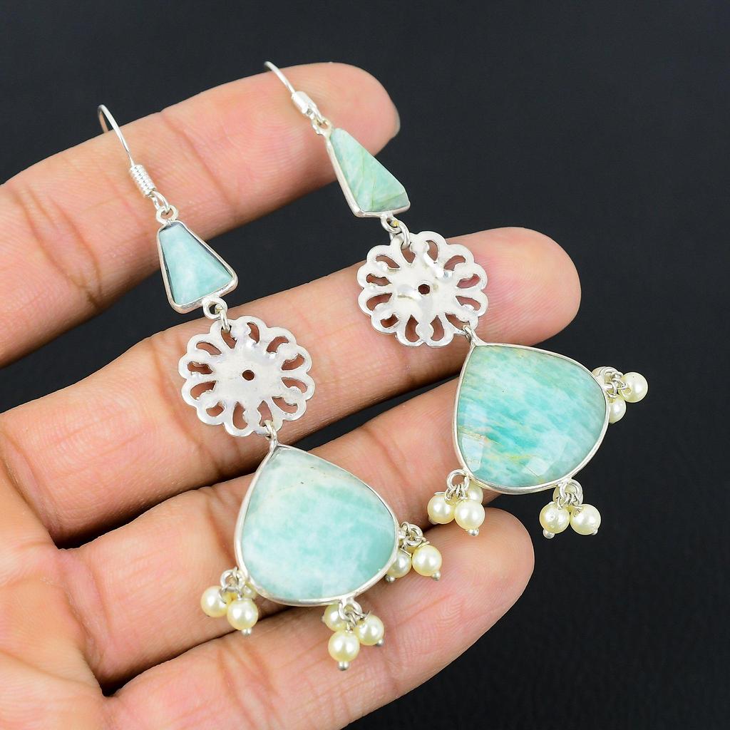 Halloween Deal Pear Amazonite Stone Sterling Silver Sister Hook Drop Earrings