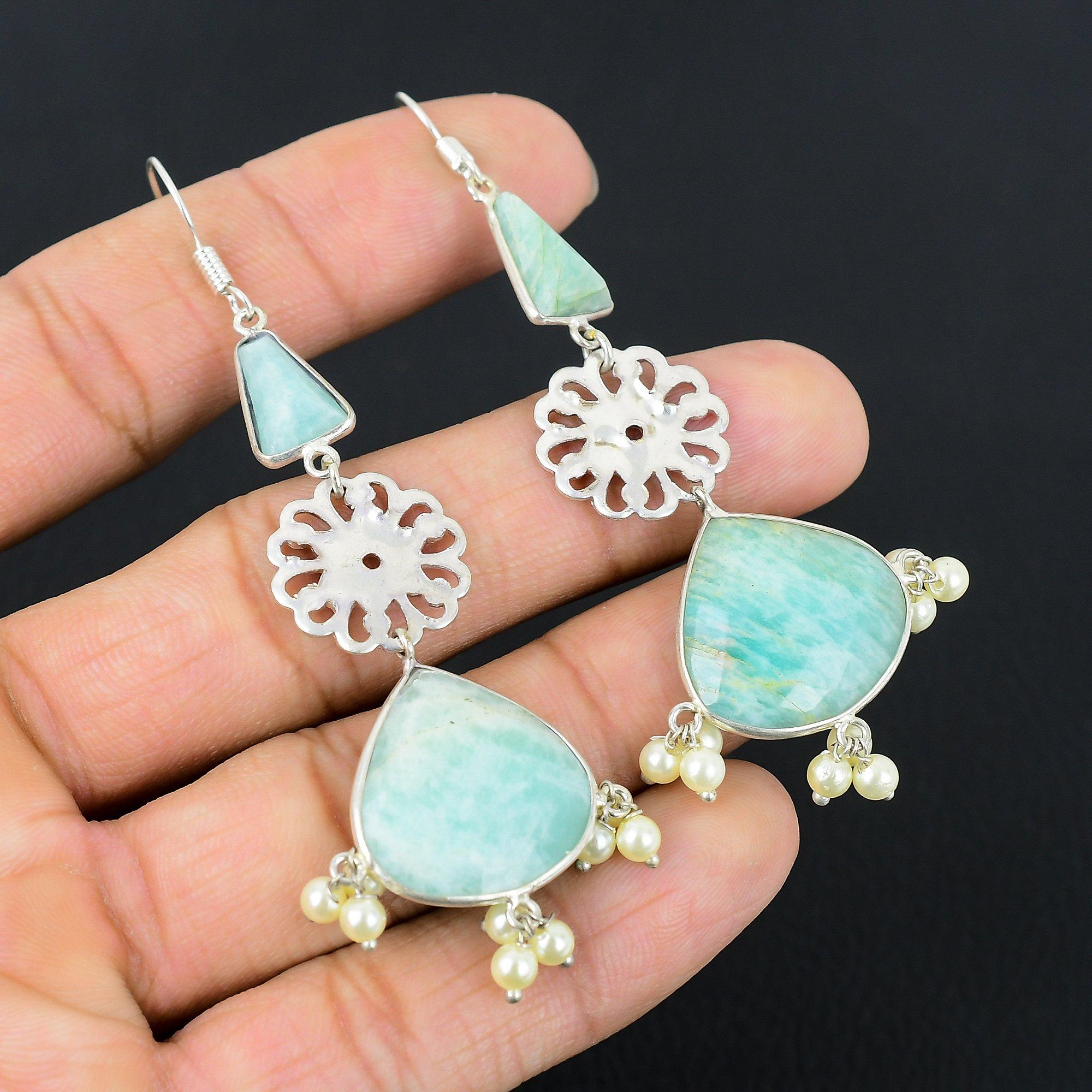 

Halloween Deal Pear Amazonite Stone Sterling Silver Sister Hook Drop Earrings