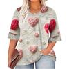 Women's Fashion Casual  Printed V-Neck Pleated Seven Minute Sleeve Ruffle Sleeve T-Shirt Plus Size Tops