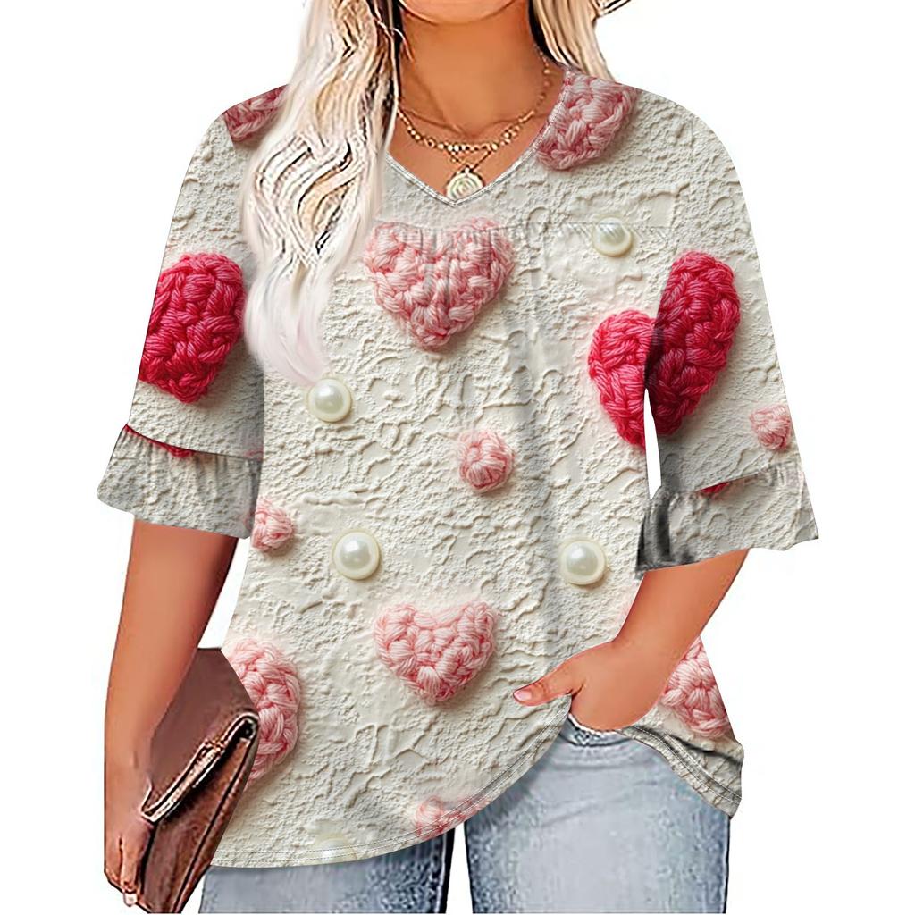 Women's Fashion Casual  Printed V-Neck Pleated Seven Minute Sleeve Ruffle Sleeve T-Shirt Plus Size Tops
