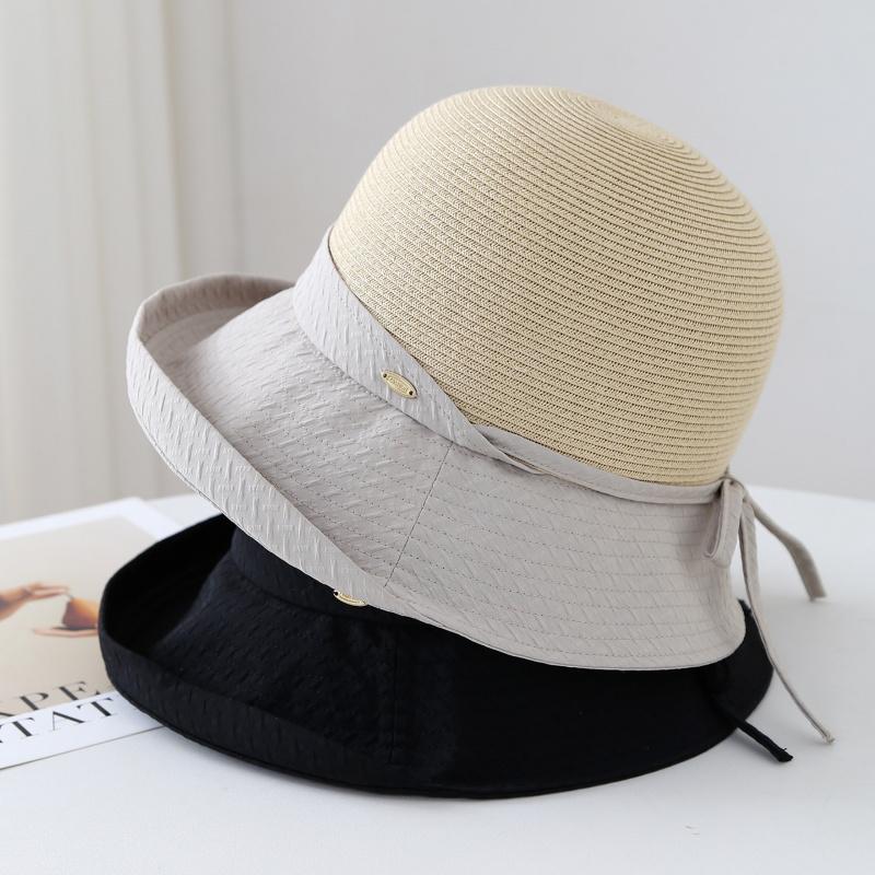 Korean-Style Women's Patchwork Hat Summer Bowknot Fisherman Beach Vacation Sunhat Accessory