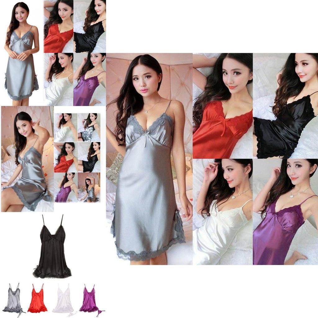 Sexy Lace Women Night Dress Nightwear Mini Deep V Straps Skirts Sleepwear Silk