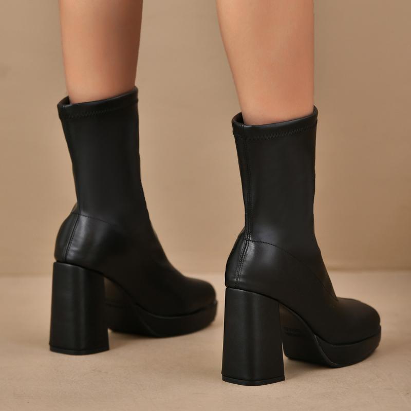 Fashion Fashion Pu Solid Black Mid Calf Boots Women 2025 Sexy Square Toe Super High Heel Chelsea Boots Warm Winter Shoes Plus Size