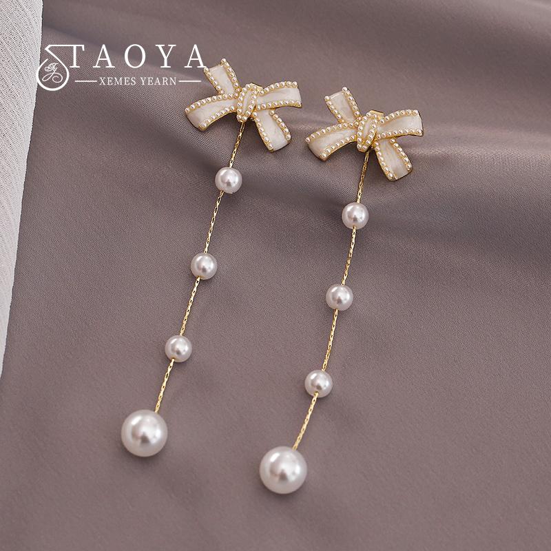 Elegant Bow Pearl Tassel Long Earrings Party Girls 'Luxury Jewelry Korean Fashion Accessories Drop Earrings For Woman