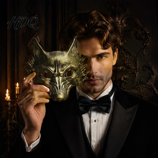 Wolfsmaske für Halloween Schwarz Gold Maske 3D PU-Schaum Mardi Gras Party Kostümzubehör Requisite Leichtes Cosplay Maskenball Kopfschmuck,