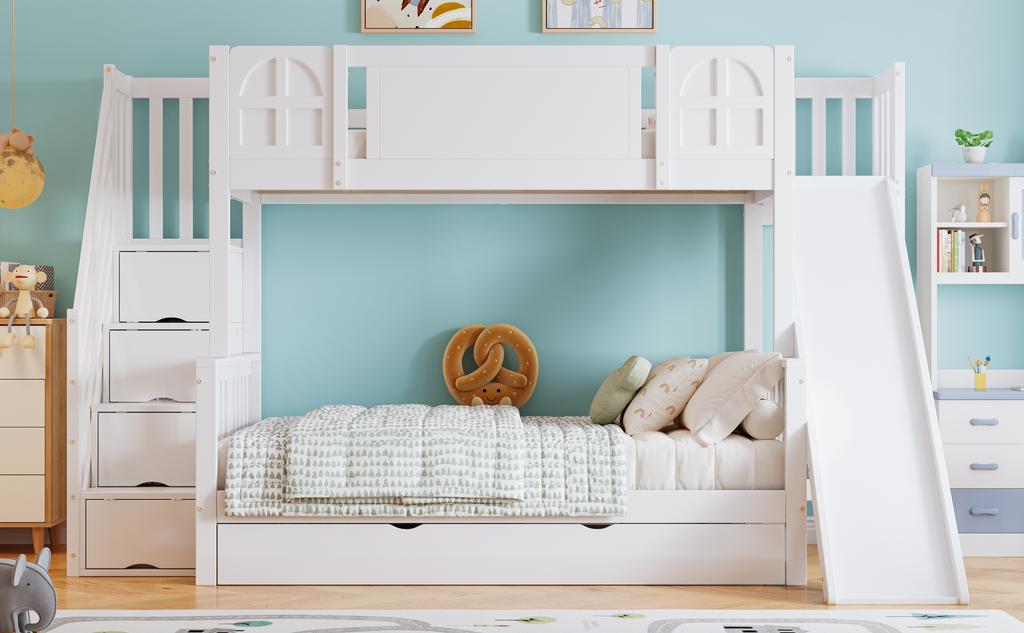 Bunk Bed, Children's Bed With Window, With Kids' Slide, Drawers with Wheels, Stairs with Handrail, With 4 Lockers In Stairs, Pine+MDF, White, 90x200