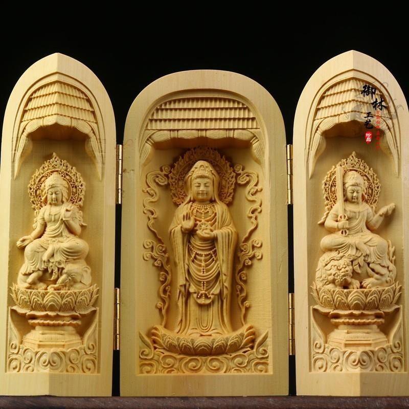 Boxwood Western Tři svatí Buddha Guanyin Masivní dřevo Přenosná třípanelová řezbovaná ozdoba