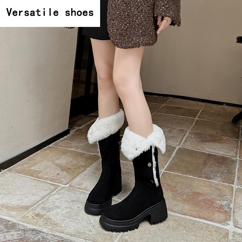 Winter Chunky Women Mid Calf Boots Fashion Warm Cotton Knight Long Booties Square Heels Party Dress Ladies Shoes