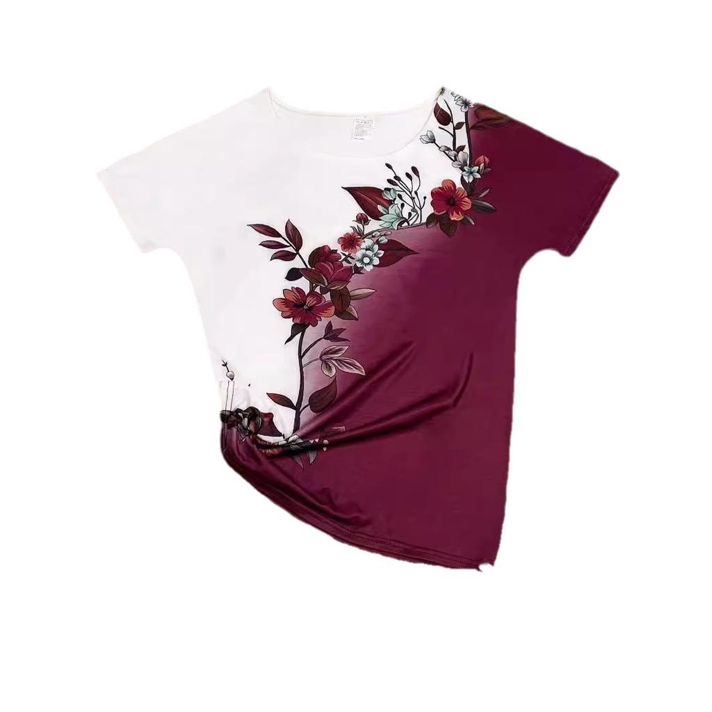 Summer Fashion Floral Asymmetrical Color Blocked Round Neck Short Sleeved Printed Women's T-shirts