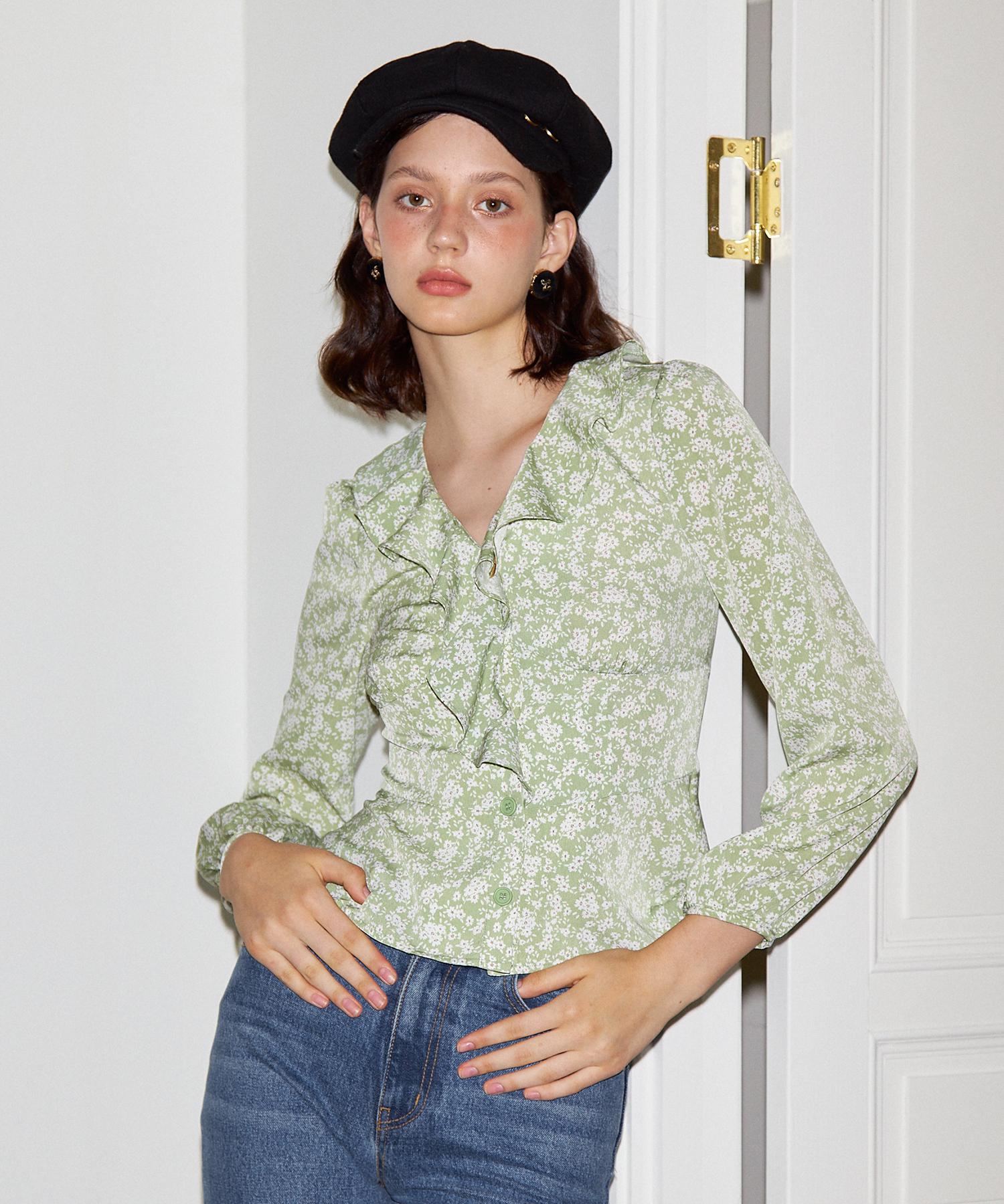 Salon De Yon Puff Shoulder Ruffle Blouse_Green Green/M