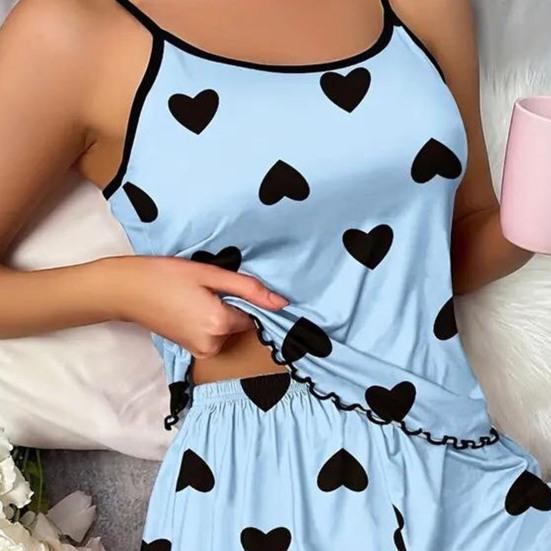 Set pigiama da donna canotta senza maniche con stampa a cuori e pantaloncini con volant, set da notte estivo a due pezzi