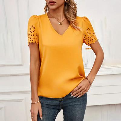 Chemisier d'été à manches courtes et col en V pour femme, couleur unie