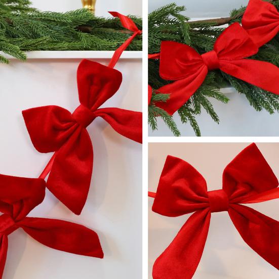 Christmas Velvet Bow Garland Decoration Pre-Strung Red White Ball Ornament Home Office Bedroom Xmas Tree Mantel Fireplace Shelf Indoor Holiday Decor