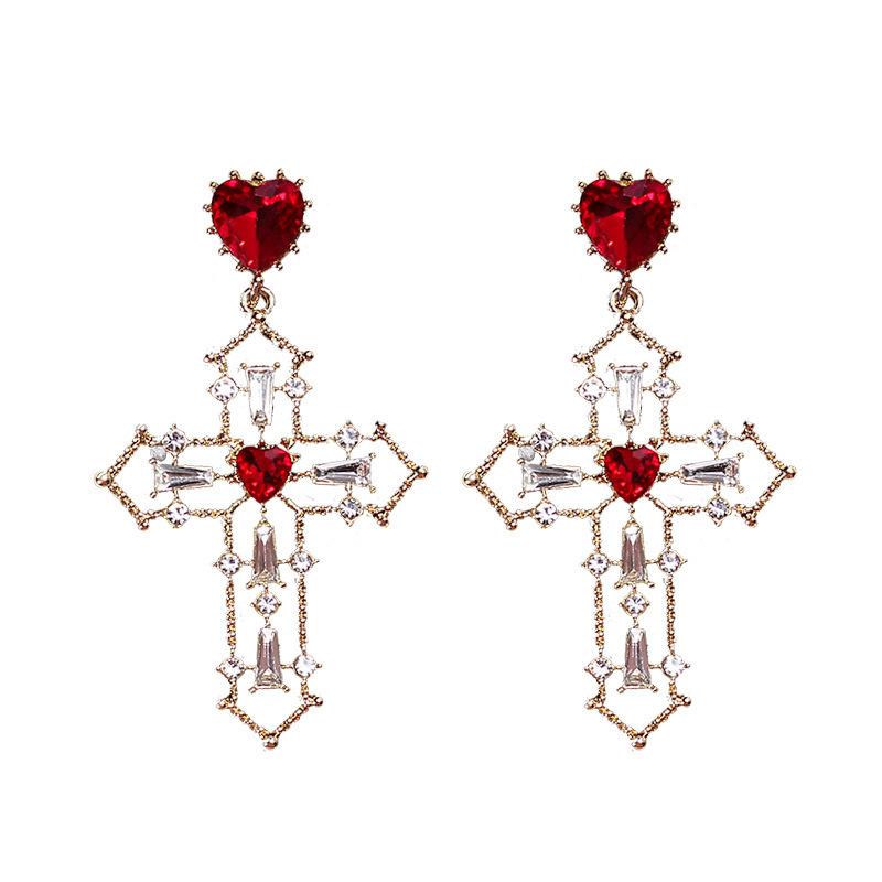 Vintage Red Heart Crystal Earrings For Women Cross Pendant Rhinestone Dangle Earring Jewelry Party Anniversary Gift Pendientes