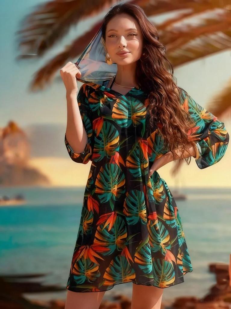 Russian Exclusive Mesh Print Seven-Sleeve Beach Cover-Up Shirt