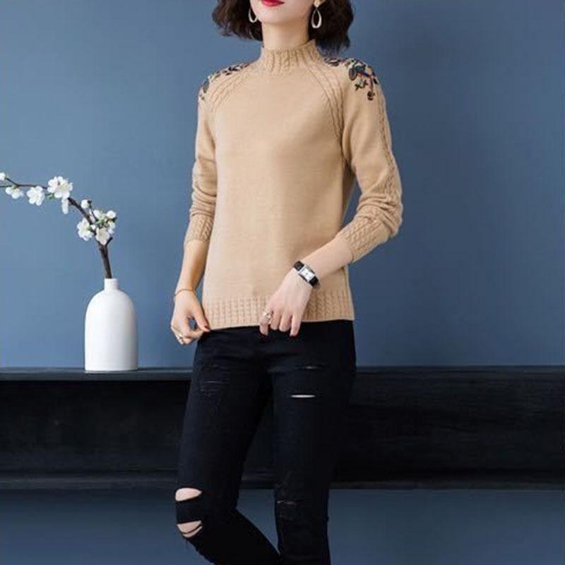 Bestickte Blumen Halber Stehkragen Pullover Damen Herbst Winter Dick Warm Gestrickter Pullover Slim Gerippt Weiche Oberteile