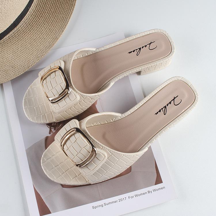 Heli Shark women's summer new thick-heeled slippers fashionable square buckle outer wear women's shoes flat daily low-heeled cool slippers