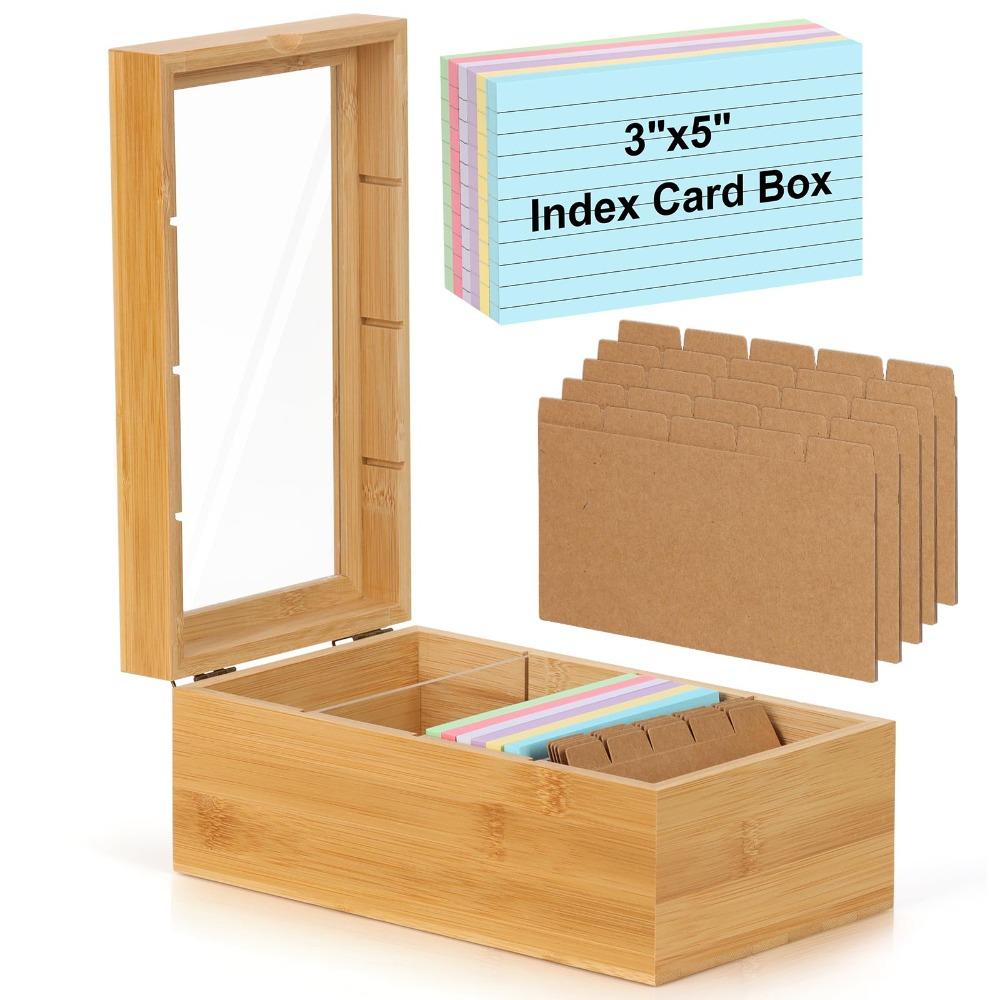 Wooden Index Card Box with Dividers Flash Cards Holder Portable Index Card Organizer  Office