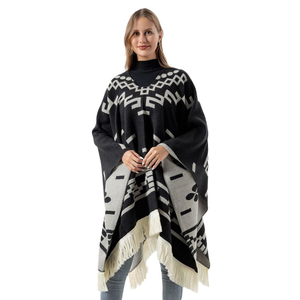 High-End Knitted Tassel Pullover Cape for Women: Warm, Stylish European & American Shawl